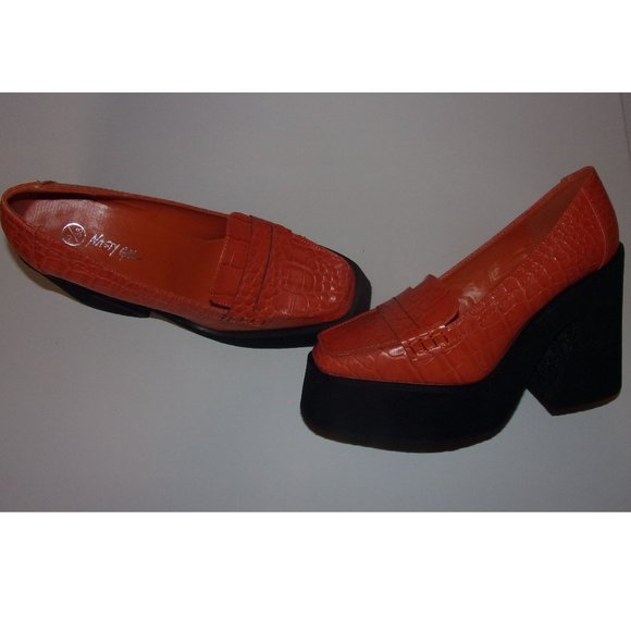 Orange Faux Leather Croc Platform Flare Heel Loafers - Picture 6 of 6